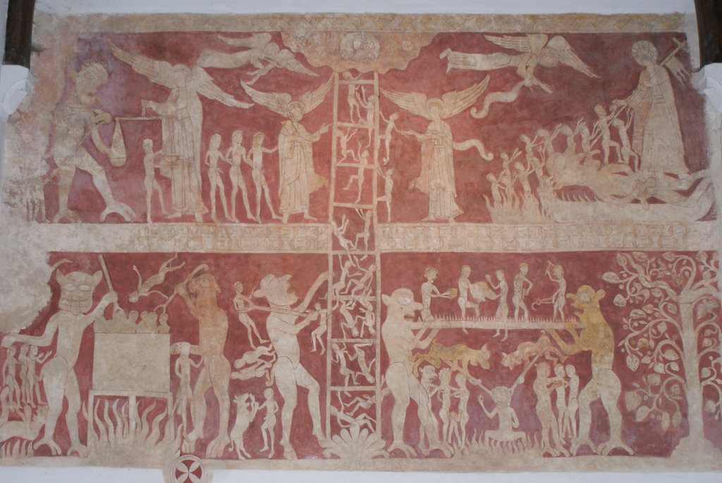 an image of a wall painting in Chaldon, uk, depicting scenes of salvation and damnation